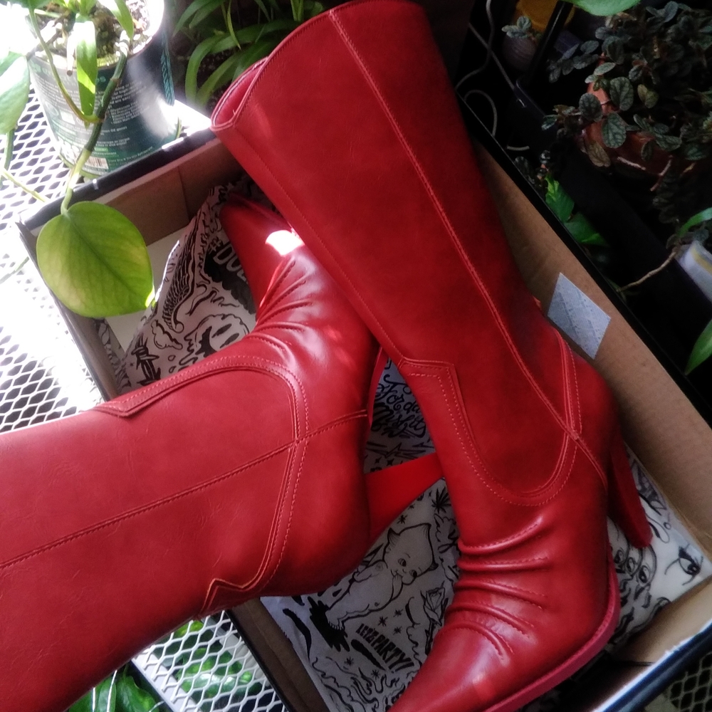 Dolls Kill Red Pointed-Toe Mid-Calf Heeled Boots - Picture 15 of 16